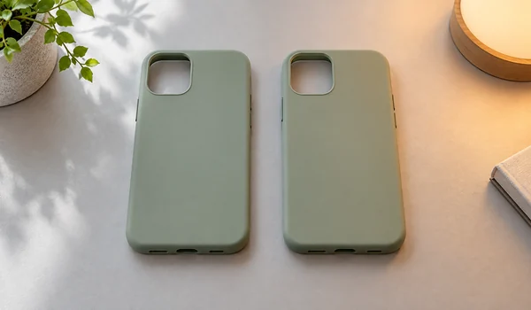 Two sage phone case samples shown under neutral and warmer light in an illustrative comparison.