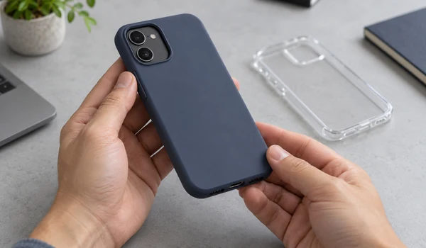 Hands inspecting the camera opening, side button and charging-port clearance of a navy phone case.