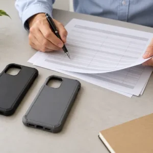 Buyer reviewing blank report templates beside two unbranded protective phone cases.