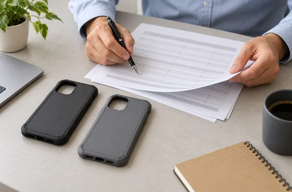 Buyer reviewing blank report templates beside two unbranded protective phone cases.