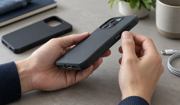 Hands checking the side buttons and charging-port opening of a fitted phone case.