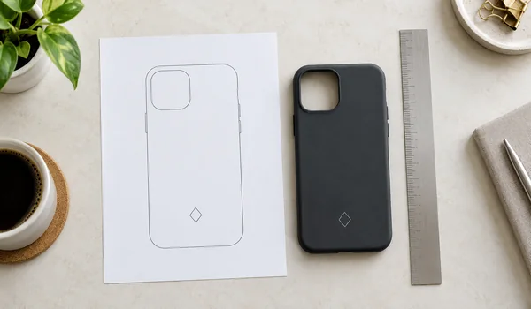 Phone case beside a paper logo-placement outline and a metal ruler on a desk.