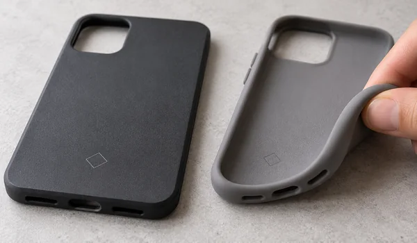 Matte rigid phone case beside a flexible gray case edge, both with small geometric markings.