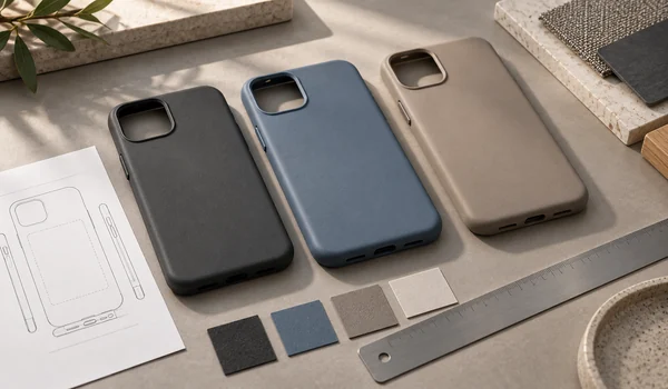 Phone case samples with material swatches and an artwork-placement drawing.