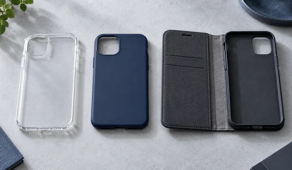 Clear protective case, navy hard-shell case and open charcoal folio case arranged for comparison.