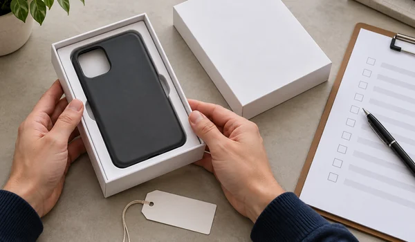 Phone case in retail packaging beside a sample-review checklist and identification tag.