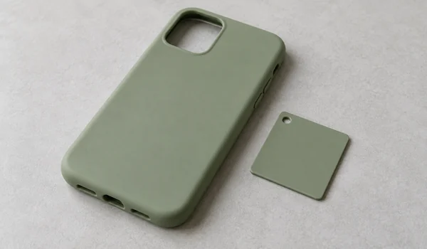 A matte sage phone case beside a matching physical plastic color chip on a neutral tabletop.