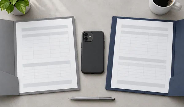 Generic phone in a protective case between two folders containing blank report tables.