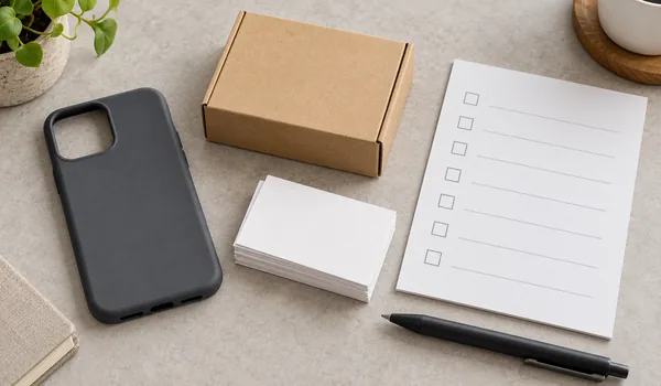 Unbranded phone case and plain sample box beside blank revision cards and an unchecked checklist.