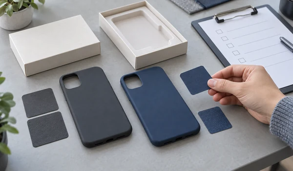 Phone case samples, finish swatches and plain packaging beside a blank sample-review checklist.