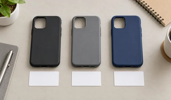Three unbranded phone cases arranged with blank sample identification cards.