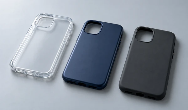 Clear, satin navy and matte charcoal phone cases showing different surface finishes