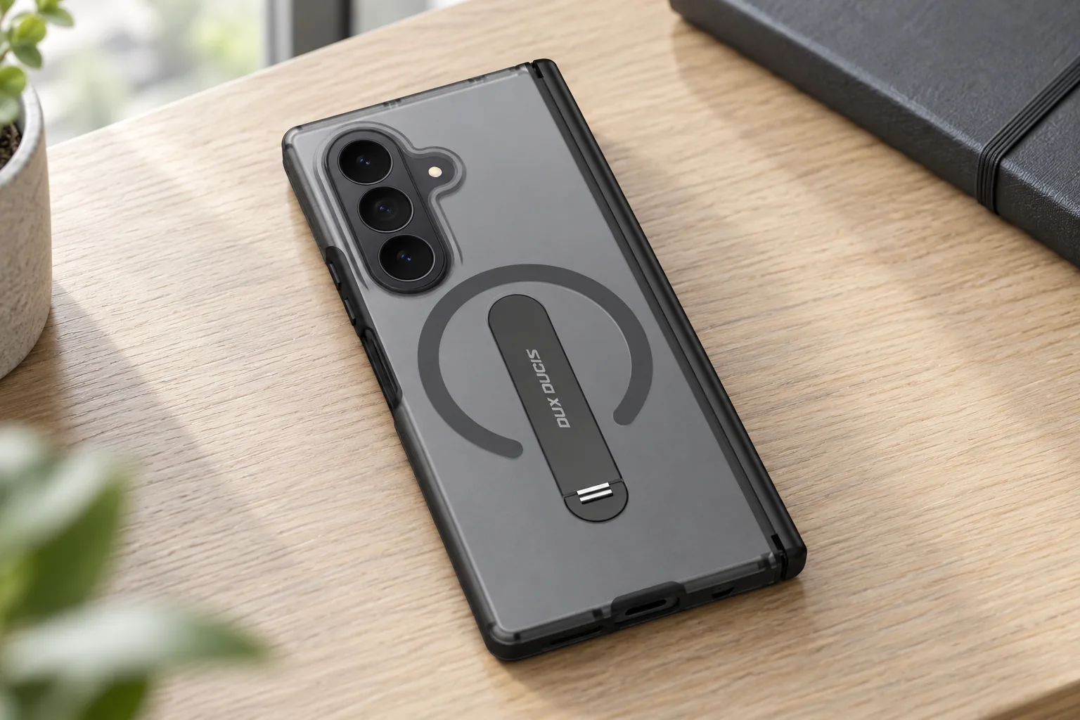 Illustrative phone case concept for a foldable phone showing the hinge-side edge