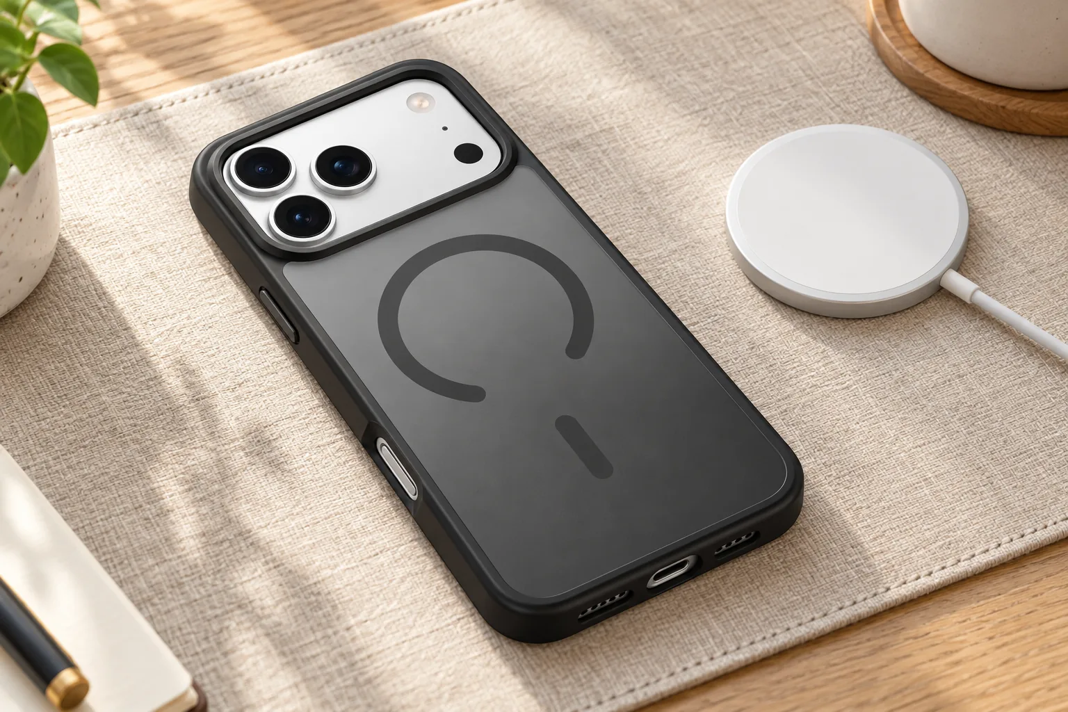 Illustrative dark magnetic phone case with ring detail