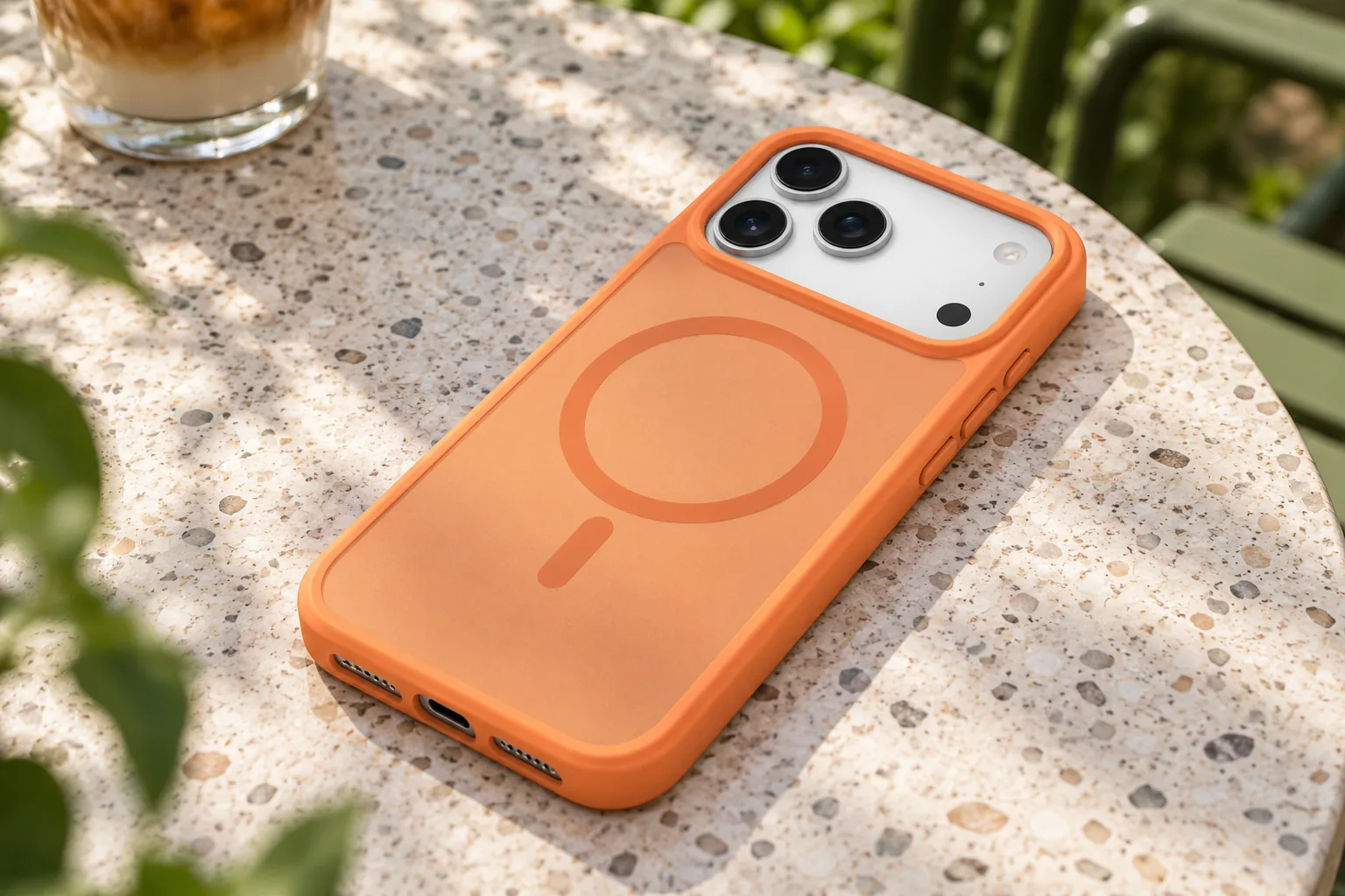 Illustrative warm orange protective phone case with camera surround