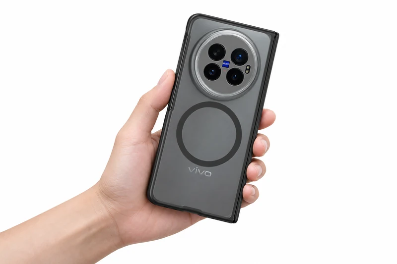 DUXDUCIS Phone Case for vivo X Fold 6 - Black EXPN Series vivo X Fold6 case held in one hand showing the circular magnetic ring and hinge protector